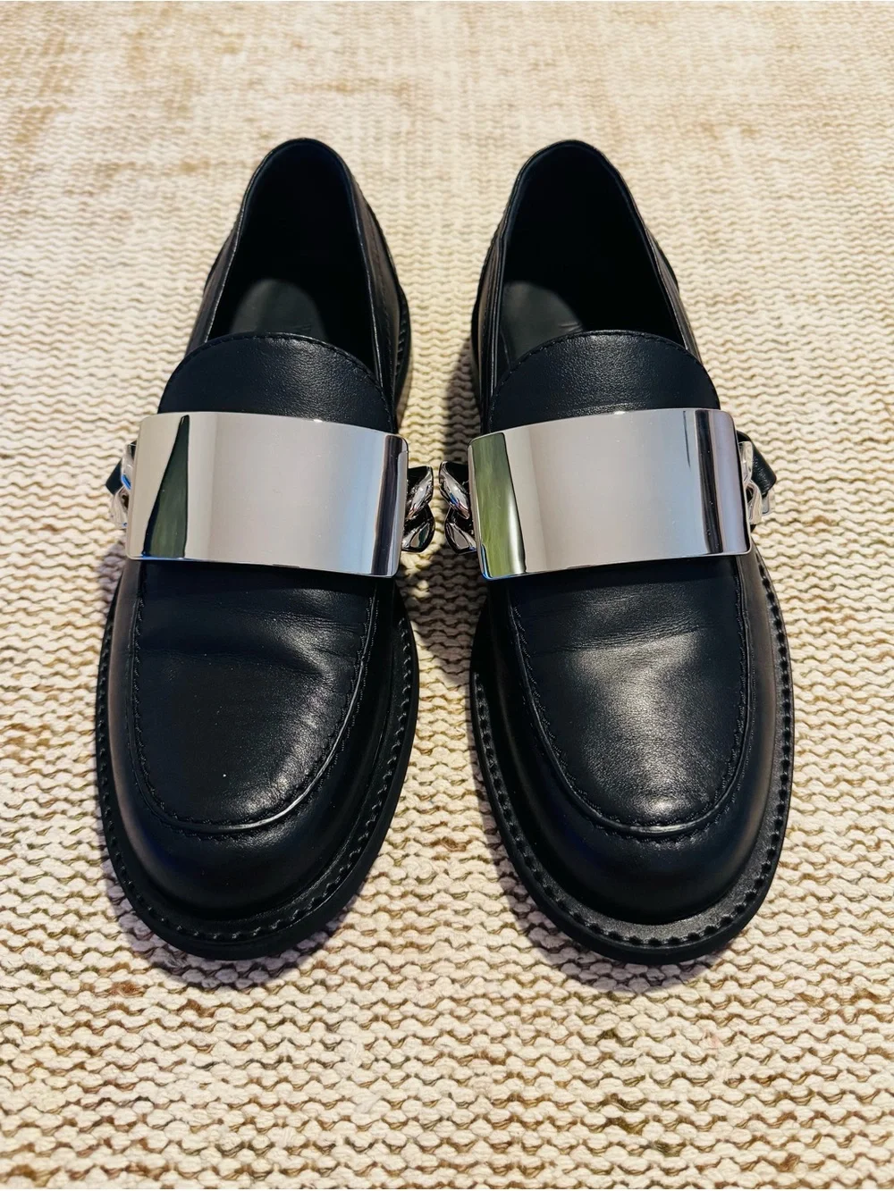 JW ANDERSON Black Leather Loafers with Silver Plate